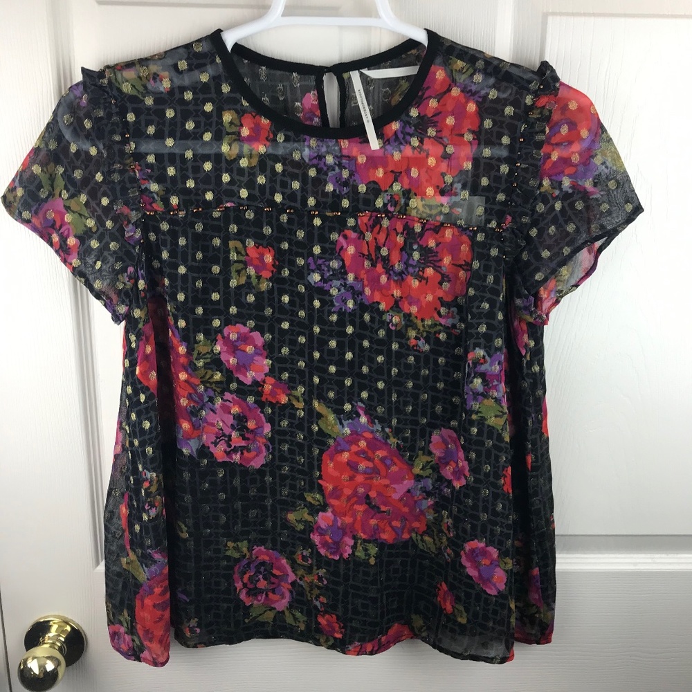 Anthropologie Fiorella Beaded Floral Top Petite